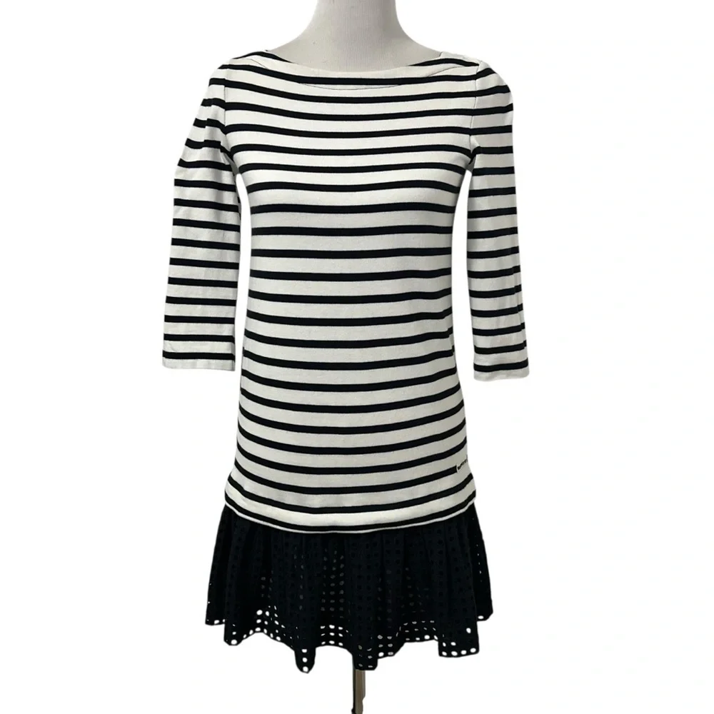 KATE SPADE Broome Street Womens Eyelet Stripe Dress Sz XS Black White Boat Neck